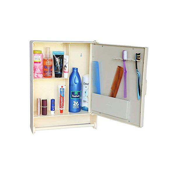 RIYA ENTERPRISE Multi-Purpose Plastic Bathroom Cabinet | Single Mirror Door with Storage Shelves & Towel Hanging Rod | First Aid Cabinet